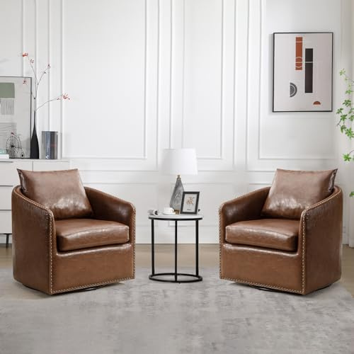 HAOMARKETS 360 Degree Swivel Accent Chair Set of Two with Plump Back Pillow, Waterproof Oil Waxed PU Leather Swivel Armchair with Rivets, Comfy Vintage Round Barrel Chair for Living Room