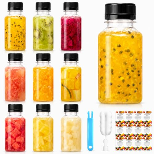 Small Plastic Bottles With Lids - 5oz/150ml, 9pcs Leak-Proof Mini Bottles | BPA-Free Mini Bottles for Smoothie, Juice, Water, Milk - Reusable Ginger Shot Containers for Mini Fridge (Black)