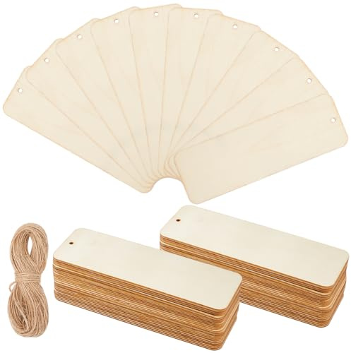 SOFPLATE 50 Stück Große Lesezeichenrohlinge Aus Holz 6x239.4cm Große Lesezeichenrohlinge Aus Holz Unlackierte Geschenkanhänger Aus Holz Mit 12 m Kordel Lesezeichen Bastelset Zum Bemalen Beizen DIY Les