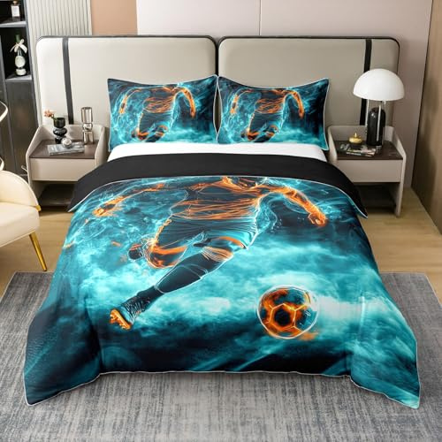 Fußball 100% Baumwoll Bettbezug 135x200,Smoky Ball Sport Tröster Abdeckung,Athlete Football Player Gedruckte Kinder Erwachsene Bettwäsche Set für Schlafzimmer,Orange Blue Cool Bettbezug