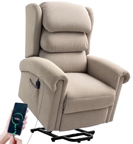 HOMCOM Power Lift Recliner Chair for Elderly, Velvet Electric Riser and Recliner Armchair for Living Room with Remote Control, 2 Side Pockets, Thick Padded Back, Khaki