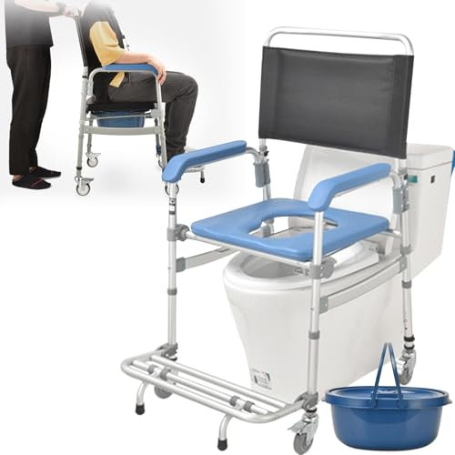 Miuxe Chaise De Toilette Roulante, Chaise De Chevet, Chaise De Douche avec Siège Rembourré Et Seau Amovible, Fauteuil Roulant De Transport Pliable Portable pour Adultes, Personnes Âgées Handicapées