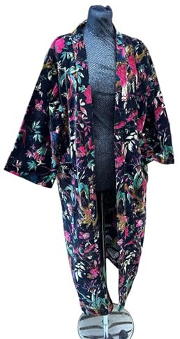 Spolverino in velluto nero, elegante stampa floreale, giacca lunga kimono di ispirazione vintage, capispalla morbida ed elegante per tutte le stagioni | pezzo di dichiarazione Boho-Chic | design