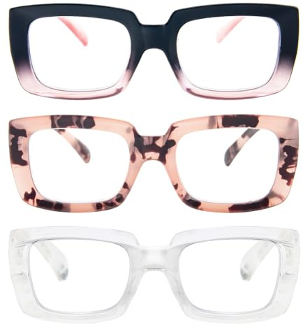 MMOWW 3-pack läsglasögon överdimensionerade fyrkantiga ramar anti-ljus blå glasögon dam rektangel (svart LEO transparens, +1,5