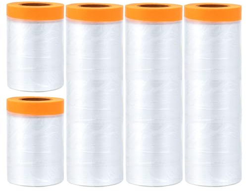 Mooedcoe 5 Rollen Abdeckfolie mit Klebeband (55cm*20Mx 2 ; 150cm * 20m x 3) - Selbstklebende Malerfolie, Transparente Schutzfolie für Renovierung, Möbelschutz & Autolackierun