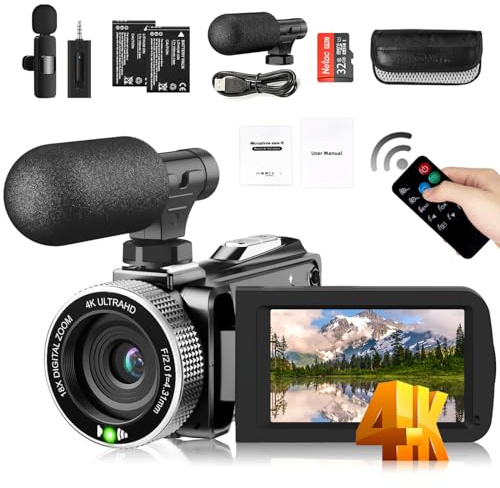 Caméscope 4K, caméra vidéo 48 MP avec 60 fps, zoom numérique 18x et écran IPS rotatif à 270° de 7,6 cm – Idéal pour le vlogging, télécommande incluse, 2 batteries et carte SD