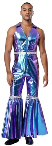 Rswnyirn herr metallisk jumpsuit racket playsuit ärmlös med krage retro disco kostym halloween karneval kostym blå 3XL