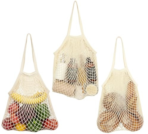 JORcadis 3 Pack Net Bags, Reusable Mesh Shopping Bags for Groceries, String Bag, Travel Packing, Produce Storage, Snack Carrying, Lightweight and Durable, Fruits Outgoing Travel