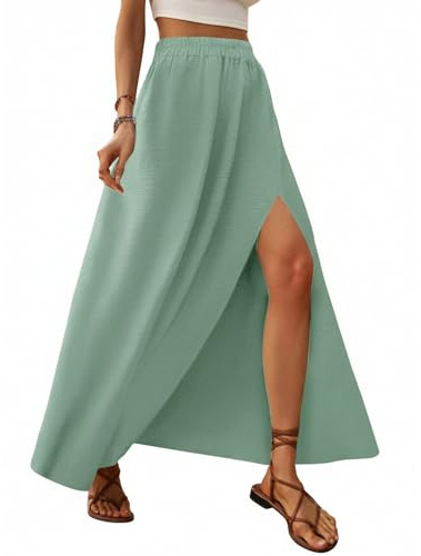 Zeagoo Falda Larga Mujer Verano Elegante Sólido Faldas Cintura Alta Elástica A Línea Faldas Falda de Playa con Abertura S-XXL