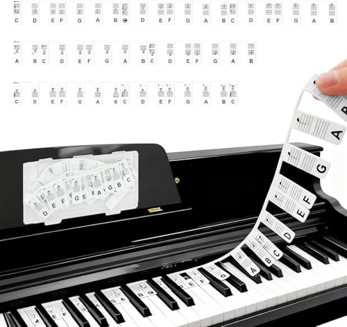 Rayakt Removable Piano Keyboard Note Labels, Reusable 88 Key Full Size Universal Piano Notes Guide, No Need Stickers, Piano Notes Overlay with Box, Silicone Music Label for Beginners (Black Text)