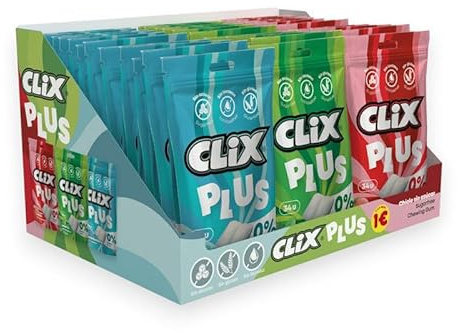 Chicles Clix Plus Surtido – Pack 36 unidades (Menta, Fresa y Hierbabuena) – Sin Azúcar, Sin Gluten ni Lactosa – Frescor Prolongado
