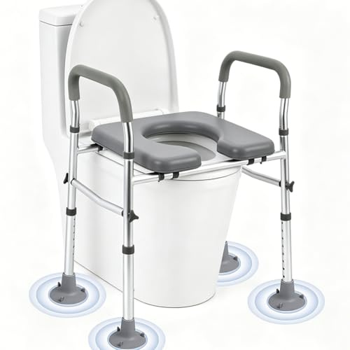 Raised Toilet Seat with Handles, Toilet Seat Riser for Seniors with Adjustable Height & Width, Comfort Padded Aluminum Frame, Handicap Elevated Toilet Seat for Elderly, Pregnant, Fit Any Toilet
