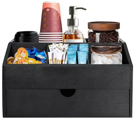 Coffee Organizer Station - Porta cialde caffè in legno | Scaffale da banco | Organizer multiscomparto in legno massello con cassetti neri, per bustine di tè e tazze di zucchero, decorazioni per uffici