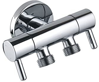 Aloni, Doppel Eckventil aus Messing verchromt, Absperrventil 1/2 Zoll x 3/8 Zoll x 3/8 Zoll, zwei Anschlüsse, stufenlos regulierbarer Wasserdurchfluss, inklusive Wandrosette 51 mm