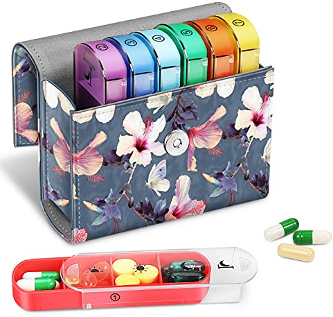 FINPAC Tablettenbox 7 Tage 4 Fächer - Pillendose 4 mal am Tag | mit Kunstleder Tasche und Namenskarte Medikamentenbox für Pillen Vitamin Fischöl für Morgens Mittags Abends Nachts, Hibiskus