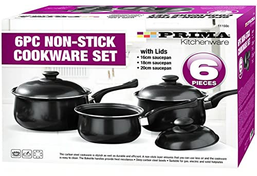 NTI 6 Pcs Black Carbon Steel Saucepan Set | Prima Cookware | Non-Stick with Lids | Cooking Pots | Home Kitchen Chef | Housewarming Gifts | Healthy Food Cooker 16/18/20cm | Durable UK Free P&P