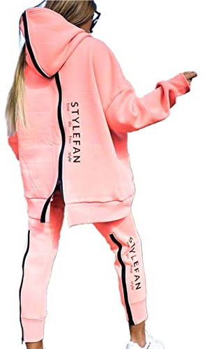 Dam sweatsuit träningsoverall set, två sätt med huva kvinnor outfit tvådelat set bokstäver tryck baksida dragkedja sweatshirt byxor set damkläder damkläder, rosa, M