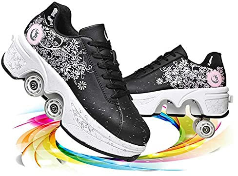 Rollschuhe für Mädchen, Sneaker, Inliner, Skateboardschuhe, Sneaker, mit Rollen, Sport, Gymnastik, Mode, Mehrzweck, Kick-Roller, für Jungen und Mädchen, Black Pink Flower, 36 EU