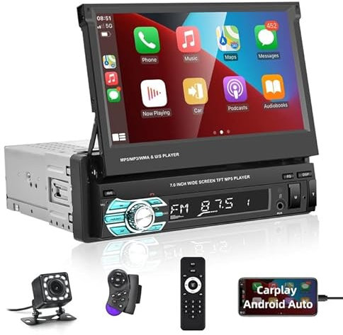 Single Din Car Stereo Flip Out Carplay, 7 Inch Touch Screen Car Radio with Android Auto Mirror Link Bluetooth FM Radio USB, TF, AUX In, Remote Control Reverse View Camera