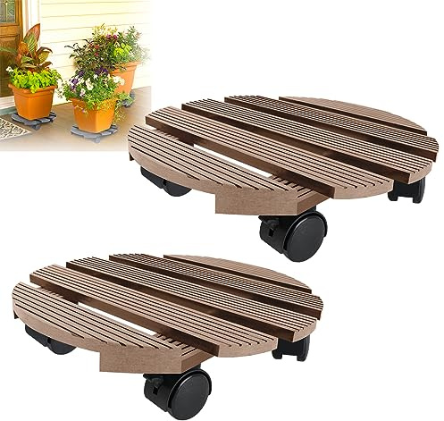 Yznahre 2x WPC Pflanzenroller ø30 cm 100 kg Tragkraft, Rollbrett Pflanzen, Blumenroller für außen & innen, Witterungsbestaendig, mit Rollen, Rund, Braun