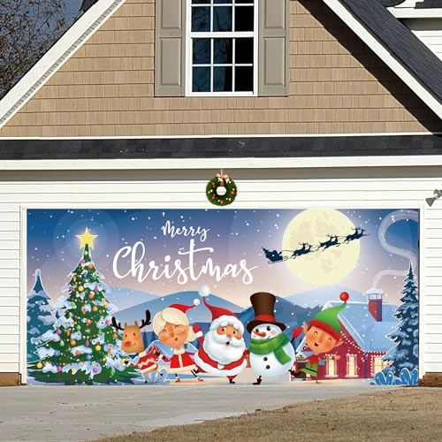 Garagentor Banner, 400x180cm, Garagentor Deko Weihnachten mit Kupferösen und Seil, Weihnachtsdeko für Garage, Terrasse, Garten, Zaun