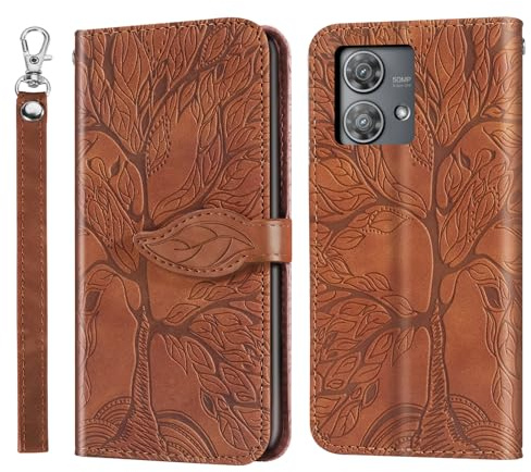 Rostsant Funda para Motorola Moto Edge 40 Neo Árbol en Relieve Carcasa de Cuero PU Motorola Moto Edge 40 Neo Cartera Magnético Funda Teléfono Billetera para Motorola Moto Edge 40 Neo Marrón