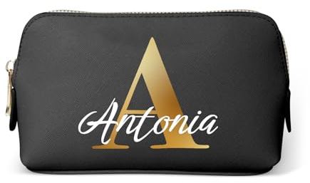 Love Faith personalisierte Kosmetiktasche - Schwarz-Gold - 18x11x4,5 cm | Wähle Initiale & Namen für die Gravur - Hochwertiger PU-Kulturbeutel - Praktischer Reisebegleiter für Frauen