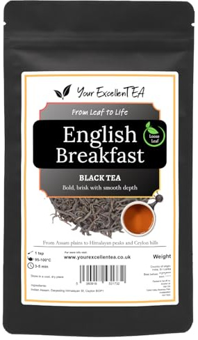 English Breakfast Loose Leaf Black Tea, Assam Darjeeling Ceylon Blend, 250g | Smooth, balanced everyday brew with reliable body, ideal for morning cups with milk or plain, packed in a resealable pouch.