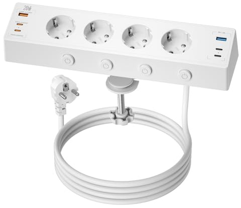 Bordsuttag med USB C 20W, 4-vägs grenuttag skrivbord individuellt omkopplingsbart med 4 USB C och 2 USB A, multipeluttag med strömbrytare, överspänningsskydd med 2M kabel för hemmakontor (Vit)