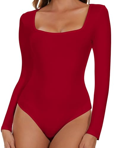 SHAPERIN Långärmad Bodysuit Dam Fyrkantig Hals Bodysuit Toppar Elegant Bodysuit Suits Fyrkantig Hals Kvinnor Sexig, Röd 1#, S