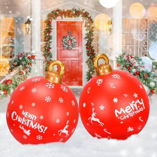 KAHEIGN 2 Pezzi Palline di Natale Gonfiabili Giganti, 60CM Rosso Fiocco di Neve Palle Decorativa Natalizio Gonfiabile in PVC per Natale Interno Esterno Casa Giardino Prato Cortile Portico Decorazione