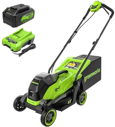 Greenworks 24V Cordless Lawnmower with Brushless Motor for Smaller Lawns up to 140m², 33cm Cutting Width, 30L Bag, Lawnmower with 24V 4Ah Battery & Charger, 3 Year Guarantee-MO24L411-01