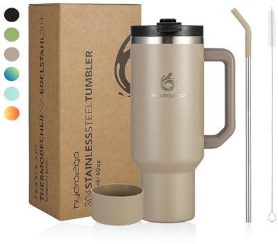 hydro2go Thermobecher mit Strohhalm – BPA-frei, Spülmaschinenfest, Hält Getränke 10H heiß & 12H kalt – Isolierbecher To Go 1200ml (Greige)