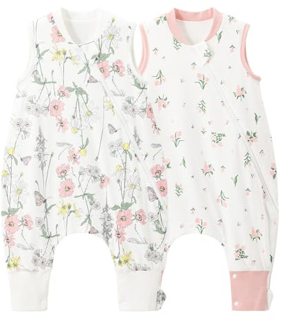 Duomiaomiao Baby sovsäck med fötter, 2-pack 1,0 tog barn året runt vår sovsäck, 100 % bomull sovsäck baby, pojkar sovfilt med ben (95 cm/rosa blomma)