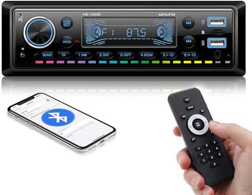 1 Din Autoradio Bluetooth, Hodozzy 1 Din Stereo Auto Bluetooth Vivavoce con 7 Colori Audio Auto 1 Din Supporta 2 USB/TF/AUX/BT FM Radio, 1 Din Lettore Multimediale MP3 Universale con Telecomando