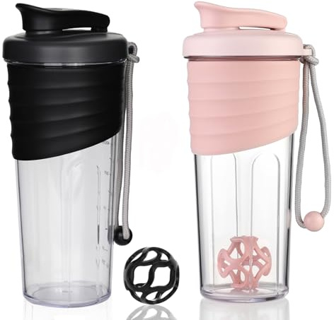 OUOUMUF 2 stycken proteinskakare med TRITAN omrörningsboll proteinskakare för proteinshakes – för superkrämig fitness proteinshakes, shaker proteinshaker 700 ml (svart och rosa)