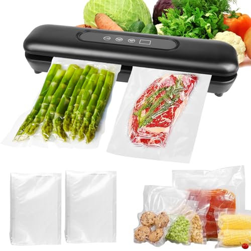 Envasadora al vacío para alimentos con 20 bolsas de vacío, máquina de sellado para seco, humedad, frescura, compacta, dispositivo de sellado completamente automático, color negro