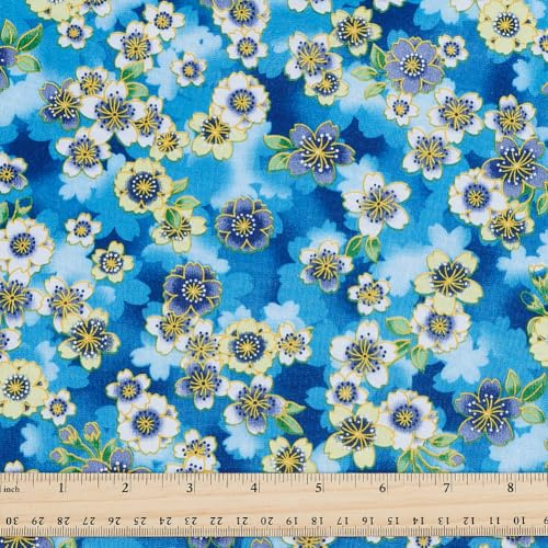 PH PandaHall Blommigt quiltningstyg blå tyger 1,5 m brett blomma lapptäcke retro tryckt sömnad hantverk tyg för gör-det-själv hantverk sömnad handgjorda kläder bordsduk heminredning, 1 m