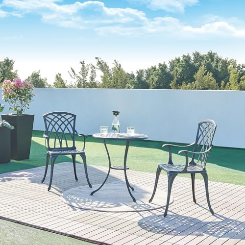 casa.pro Bistro-set, Vena, balkongmöbler, set, 3 delar, runt bistrobord med 2 stolar, utomhus, sittgrupp av gjuten aluminium, väderbeständigt, trädgårdsmöbelset, mörkgrå med grön patina