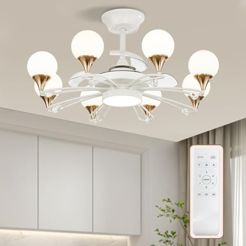 Depuley White Chandelier with Fan Modern: 8 Lights Milky Globe Fandelier Ceiling Fan with Remote for Bedroom - 34 Retractable Fan for Living Dining Room - Sputnik Fandelier for Low Profile Indoor