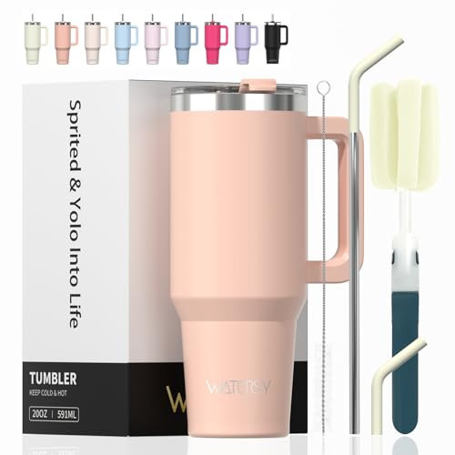 WATERSY 591ml Mug Isotherme avec Paille et Poignée, 20oz Double Acier Inoxydable Rose Tasse de Voyage Isotherme, Anti-fuite, Gobelet à Café à Emporter, Pour Voiture, Bureau, Travel