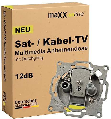 maxx.onLine Flush-Mounted Satellite Socket & Multimedia Socket, Cable TV Socket, Unicable/Single Cable, Antenna Socket, Cable Connection Box, Cable Modem Compatible, TV Socket, 12 dB Through Socket