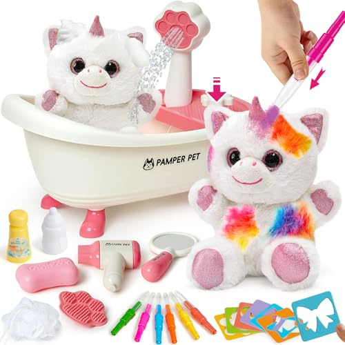 Einhorn Geschenke für Mädchen | Kuscheltier mit Drück-Wasser-Badewanne | Spielzeug Einhorn mit Waschbaren Buntstifte | Kreatives Geschenk Mädchen 4 5 6 7 8 Jahre für Geburtstag Weihnachten
