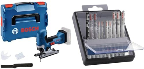 Bosch Professional 18V System Akku Stichsäge GST 18V-125 S + 10x PRO Hardwood and Laminate Stichsägeblatt-Set (für Hartholz, Parkett, Länge 83 mm, Zubehör)