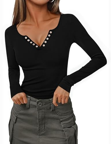 Totatuit Top Mujer Sexy de Punto Canale con Escote en V y Aro Metálico Ajustado Camiseta de Manga Larga Elegante de Algodón Negro，L
