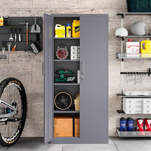 Sightlife Metal Garage Storage Cabinet with 2 Doors 4 Adjustable Shelves Lock Steel Tool Cabinets Lockable File Cabinet Tall Locker Organizer Steel Garage Cabinets for Home Office 170X78X39cm
