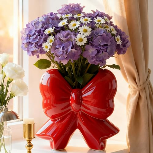 Disoza Rot Schleife Vasen Tischdeko Keramik Modern Vase Vintage Vase für Pampasgras Blumen Trockenblumen Blumenvase Vasen für Hochzeit Porzelan Tulpenvase Küche Büro Wohnzimmer