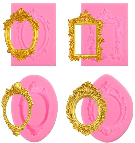 4 Pcs Pink Photo Frame Silicone Molds, Vintage Frame Molds, Easy Release Baking Mold for Chocolate, Fondant Mold, Cupcake Topper, Chocolate, Candy, Polymer Clay
