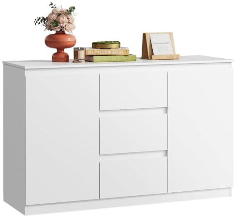 WLIVE Sideboard & Kommode mit 3 Schubladen, Schrank mit 2 Tür 4 Regalen, Modernes Sideboard, für Wohnzimmer, Schlafzimmer, Flur, Weiß, 120 x 75 x 40 cm