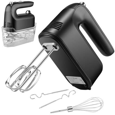 Hand Mixer Electric Whisk, Food Kitchen Mixer, 5 Self Control Speed with Turbo Button, Electric Whisk with Storage Case, 5 Stainless Steel Accessories for Baking, Dough, Bread, Eggs, Cream (Black)